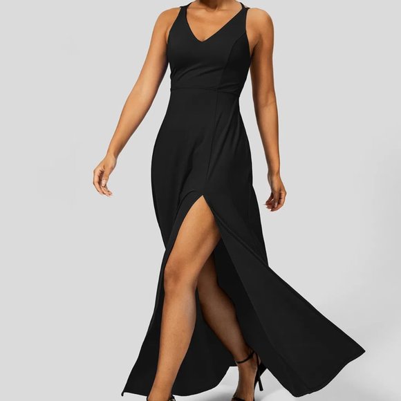 HALARA Dresses & Skirts - Women's Large,Halara Black Strappy Backless High Slit Maxi Dress